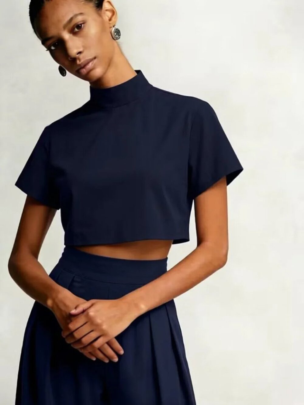 Navy Blue Short Top + Wide Leg Pants Set - Picture 4 of 5